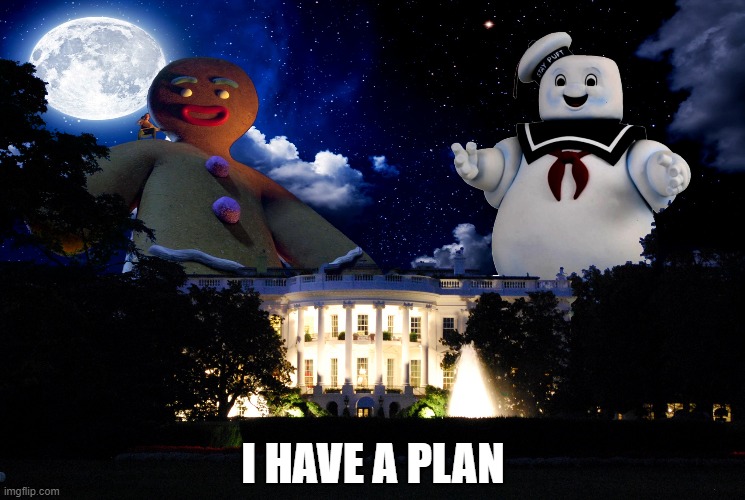 Ginger Marshmallow House |  I HAVE A PLAN | image tagged in ginger marshmallow house,white house,donald trump,stay puft marshmallow man | made w/ Imgflip meme maker