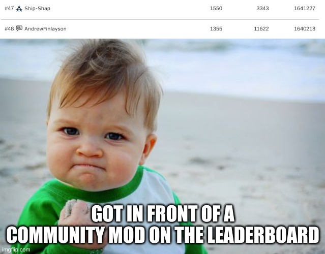 No hard feelings AndrewFinlayson | GOT IN FRONT OF A COMMUNITY MOD ON THE LEADERBOARD | image tagged in memes,success kid original | made w/ Imgflip meme maker