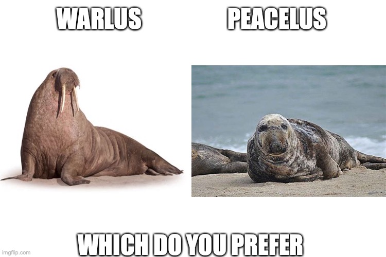 WARLUS                   PEACELUS; WHICH DO YOU PREFER | image tagged in memes,fun | made w/ Imgflip meme maker