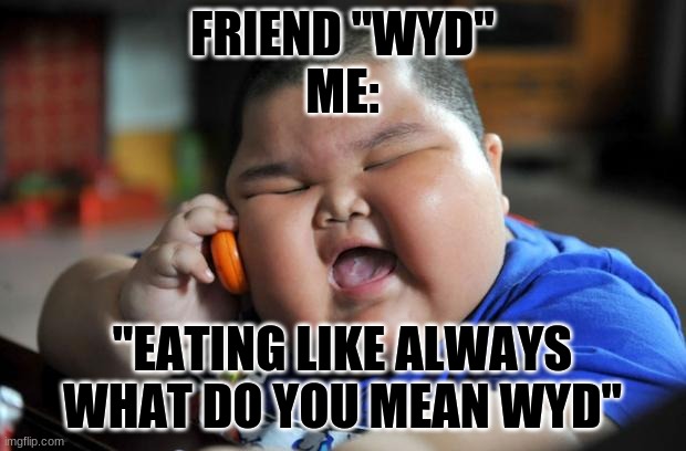 Fat Asian Kid | FRIEND "WYD"
ME:; "EATING LIKE ALWAYS WHAT DO YOU MEAN WYD" | image tagged in fat asian kid | made w/ Imgflip meme maker