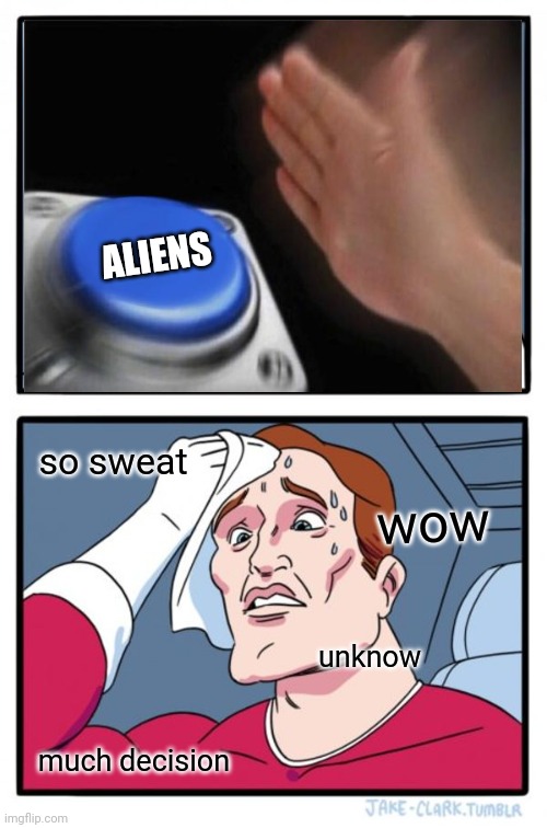 Two Buttons Meme | wow ALIENS much decision so sweat unknow | image tagged in memes,two buttons | made w/ Imgflip meme maker