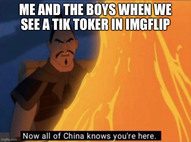 Now all of China knows you're here | ME AND THE BOYS WHEN WE SEE A TIK TOKER IN IMGFLIP | image tagged in now all of china knows you're here | made w/ Imgflip meme maker