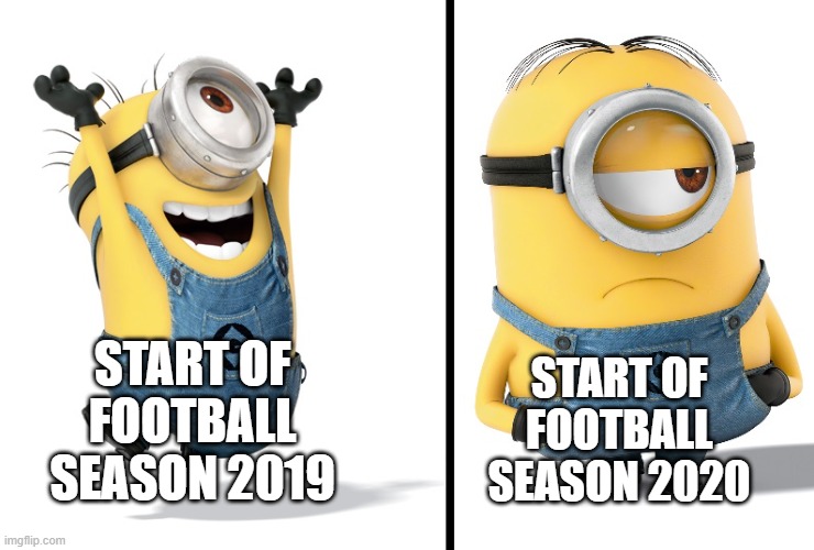 Football Season | START OF FOOTBALL SEASON 2020; START OF FOOTBALL SEASON 2019 | image tagged in minion happy sad | made w/ Imgflip meme maker