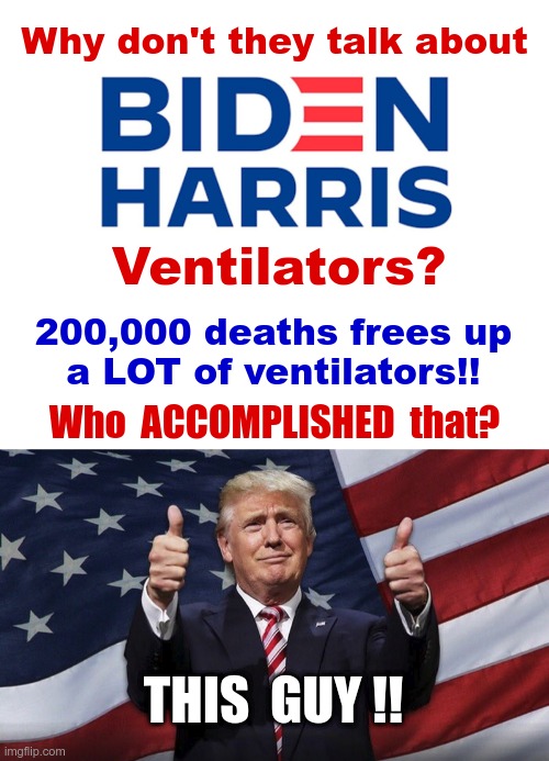 Giving Credit Where It's Due | Why don't they talk about; Ventilators? 200,000 deaths frees up
a LOT of ventilators!! Who  ACCOMPLISHED  that? THIS  GUY !! | image tagged in donald trump thumbs up,covid,deaths,rick75230 | made w/ Imgflip meme maker