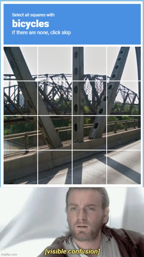 Guess I'll click skip | image tagged in visible confusion,memes,bicycles,bridge,captcha | made w/ Imgflip meme maker