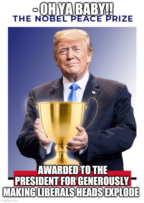 HE SO DESERVES IT!   Trump 2020 | - OH YA BABY!! AWARDED TO THE PRESIDENT FOR GENEROUSLY MAKING LIBERALS HEADS EXPLODE | image tagged in trump 2020,trump trademark,trump huge | made w/ Imgflip meme maker