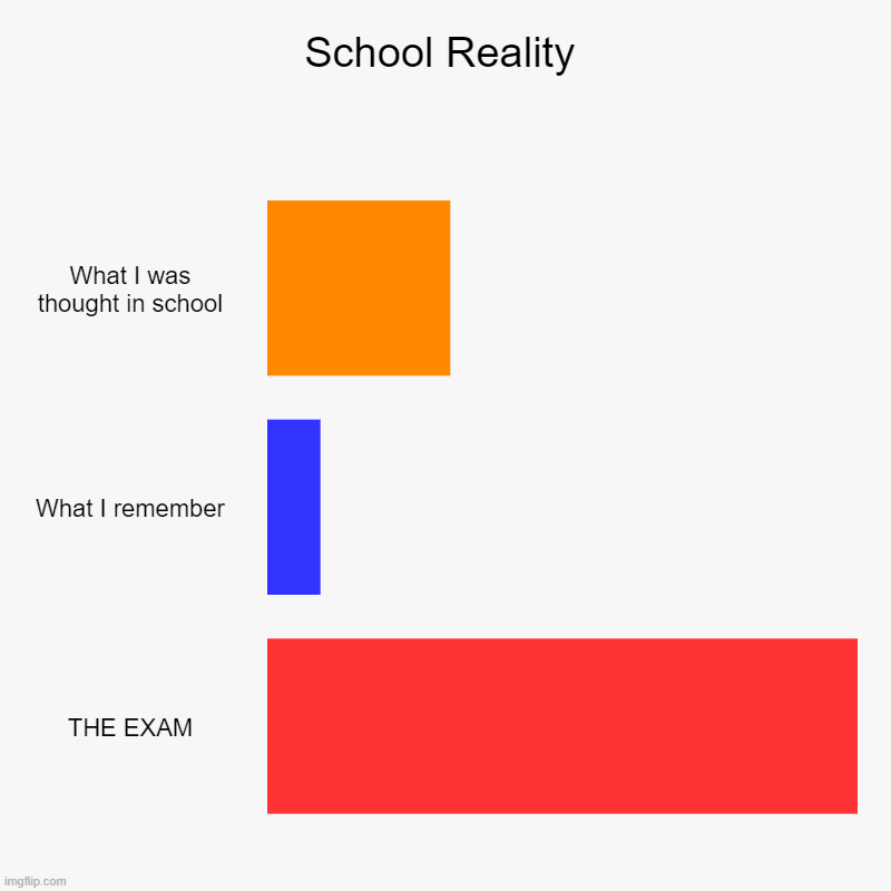 School Reality | School Reality | What I was thought in school, What I remember, THE EXAM | image tagged in charts,bar charts,funny,upvote if you agree,school memes,student life | made w/ Imgflip chart maker