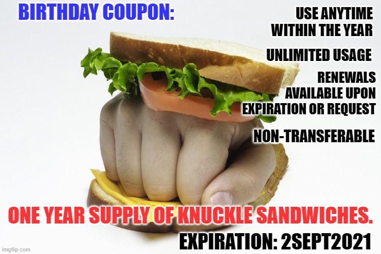knuckle sandwich | USE ANYTIME WITHIN THE YEAR; BIRTHDAY COUPON:; UNLIMITED USAGE; RENEWALS AVAILABLE UPON EXPIRATION OR REQUEST; NON-TRANSFERABLE; ONE YEAR SUPPLY OF KNUCKLE SANDWICHES. EXPIRATION: 2SEPT2021 | image tagged in knuckle sandwich | made w/ Imgflip meme maker