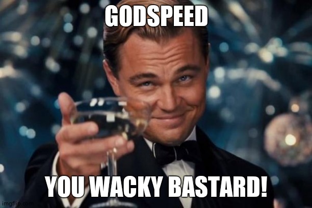 Leonardo Dicaprio Cheers Meme | GODSPEED YOU WACKY BASTARD! | image tagged in memes,leonardo dicaprio cheers | made w/ Imgflip meme maker