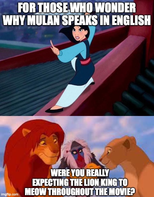 Mulan & Lion King | FOR THOSE WHO WONDER WHY MULAN SPEAKS IN ENGLISH; WERE YOU REALLY EXPECTING THE LION KING TO MEOW THROUGHOUT THE MOVIE? | image tagged in mulan,lion king | made w/ Imgflip meme maker
