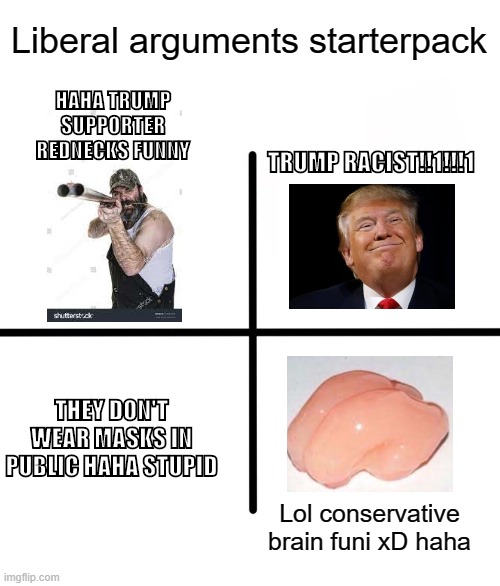 False racism is a shitty excuse for you to ruin our country... | Liberal arguments starterpack; HAHA TRUMP SUPPORTER REDNECKS FUNNY; TRUMP RACIST!!1!!!1; THEY DON'T WEAR MASKS IN PUBLIC HAHA STUPID; Lol conservative brain funi xD haha | image tagged in memes,blank starter pack,liberals,starter pack,rednecks,trump bad | made w/ Imgflip meme maker