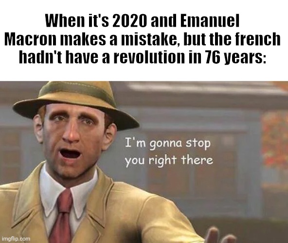 Vive la revolution | When it's 2020 and Emanuel Macron makes a mistake, but the french hadn't have a revolution in 76 years: | image tagged in i'm gonna stop you right there,france,french,french revolution | made w/ Imgflip meme maker
