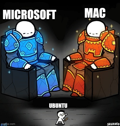 Two giants looking at a small guy | MAC; MICROSOFT; UBUNTU | image tagged in two giants looking at a small guy | made w/ Imgflip meme maker