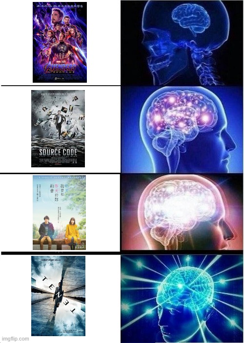 The Most Chaos Movie | image tagged in memes,expanding brain,nolan,movie,tenet,averager | made w/ Imgflip meme maker