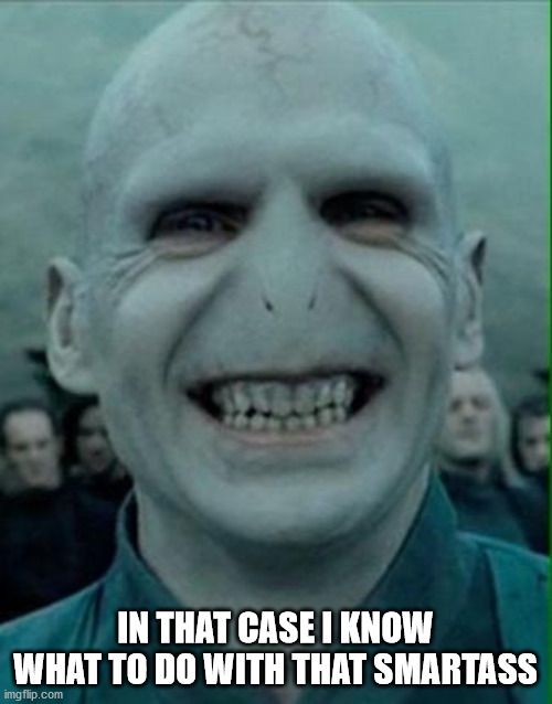 Voldemort Grin | IN THAT CASE I KNOW WHAT TO DO WITH THAT SMARTASS | image tagged in voldemort grin | made w/ Imgflip meme maker