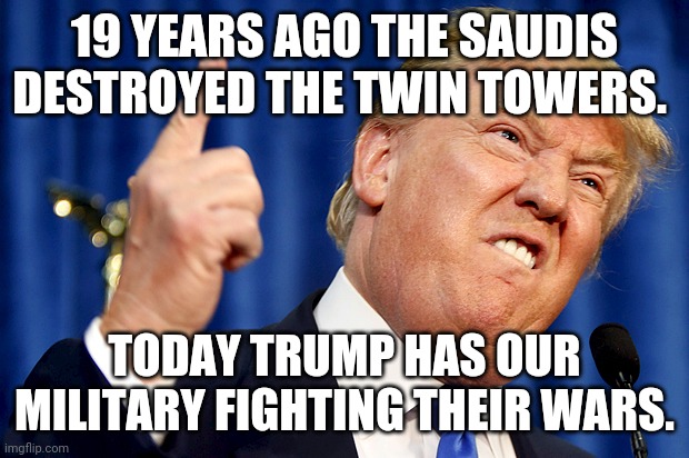 Traitor in chief | 19 YEARS AGO THE SAUDIS DESTROYED THE TWIN TOWERS. TODAY TRUMP HAS OUR MILITARY FIGHTING THEIR WARS. | image tagged in donald trump,9/11,us military,trump supporters,election 2020,joe exotic | made w/ Imgflip meme maker