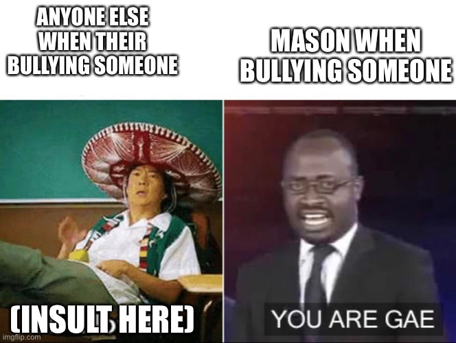 Lmao | ANYONE ELSE WHEN THEIR BULLYING SOMEONE; MASON WHEN BULLYING SOMEONE; (INSULT HERE) | made w/ Imgflip meme maker