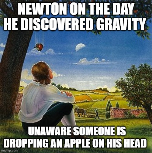 Newton unaware | NEWTON ON THE DAY HE DISCOVERED GRAVITY; UNAWARE SOMEONE IS DROPPING AN APPLE ON HIS HEAD | image tagged in isaac newton apple | made w/ Imgflip meme maker