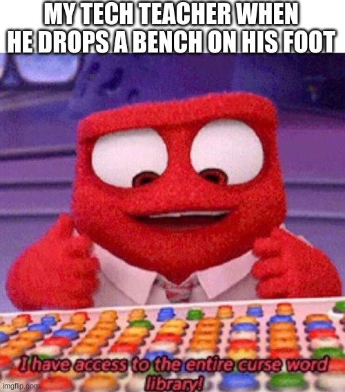 true story | MY TECH TEACHER WHEN HE DROPS A BENCH ON HIS FOOT | image tagged in i have access to the entire curse world library | made w/ Imgflip meme maker