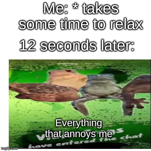 Relaable | Me: * takes some time to relax; 12 seconds later:; Everything that annoys me | image tagged in blank | made w/ Imgflip meme maker