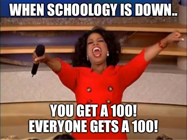 Oprah You Get A | WHEN SCHOOLOGY IS DOWN.. YOU GET A 100! EVERYONE GETS A 100! | image tagged in memes,oprah you get a | made w/ Imgflip meme maker