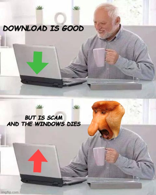 scam this | DOWNLOAD IS GOOD; BUT IS SCAM AND THE WINDOWS DIES | image tagged in memes,hide the pain harold | made w/ Imgflip meme maker