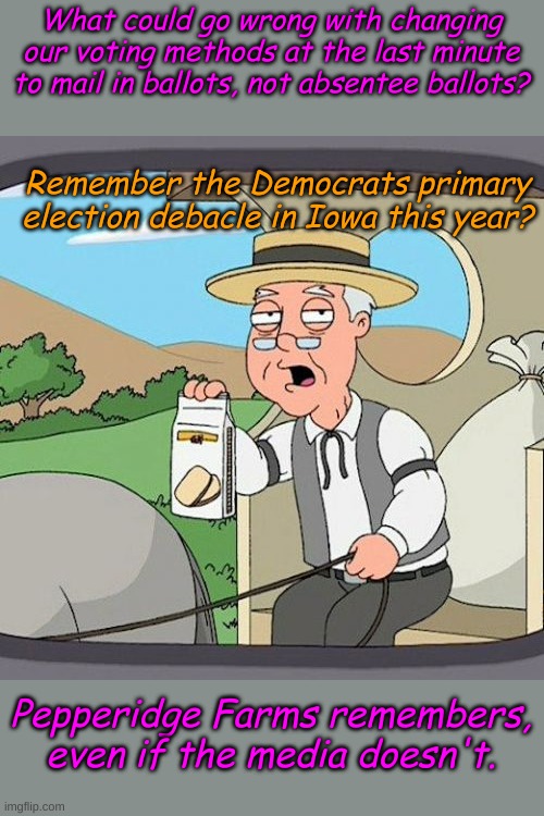 An engineering maxim- "The more complex the system, the higher the probability for failure." Keep it the Same and Simple. | What could go wrong with changing our voting methods at the last minute to mail in ballots, not absentee ballots? Remember the Democrats primary election debacle in Iowa this year? Pepperidge Farms remembers, even if the media doesn't. | image tagged in memes,pepperidge farm remembers | made w/ Imgflip meme maker