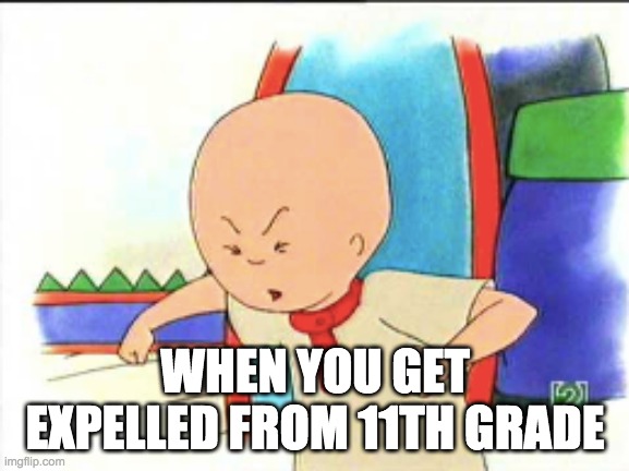 Caillou's upset | WHEN YOU GET EXPELLED FROM 11TH GRADE | image tagged in angry caillou | made w/ Imgflip meme maker