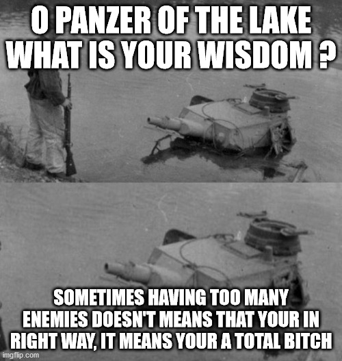 Panzer of the lake | O PANZER OF THE LAKE WHAT IS YOUR WISDOM ? SOMETIMES HAVING TOO MANY ENEMIES DOESN'T MEANS THAT YOUR IN RIGHT WAY, IT MEANS YOUR A TOTAL BITCH | image tagged in panzer of the lake | made w/ Imgflip meme maker