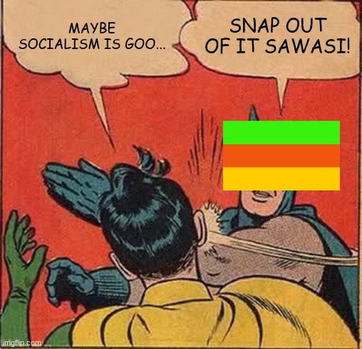Batman Slapping Robin Meme | MAYBE SOCIALISM IS GOO... SNAP OUT OF IT SAWASI! | image tagged in memes,batman slapping robin | made w/ Imgflip meme maker