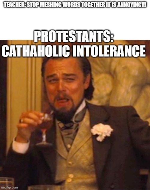 History memes | TEACHER: STOP MESHING WORDS TOGETHER IT IS ANNOYING!!! PROTESTANTS: CATHAHOLIC INTOLERANCE | image tagged in leonardo dicaprio django laugh | made w/ Imgflip meme maker