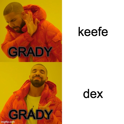Im going on a grady/keefe meme spree there are like 5 of these grady memes that I made now | keefe; GRADY; dex; GRADY | image tagged in memes,drake hotline bling | made w/ Imgflip meme maker