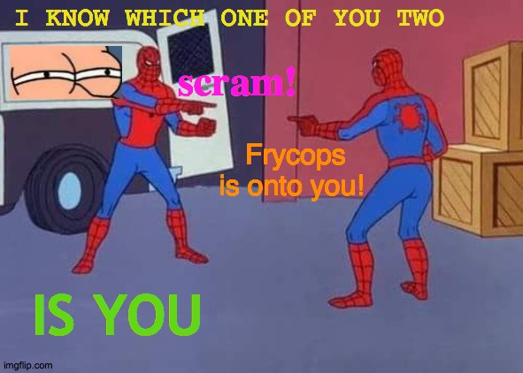 Spidey vs Spidey vs Fry | I KNOW WHICH ONE OF YOU TWO; scram! Frycops  is onto you! IS YOU | image tagged in spiderman mirror,memes,futurama fry,who would win,spy vs spy,eye contact | made w/ Imgflip meme maker