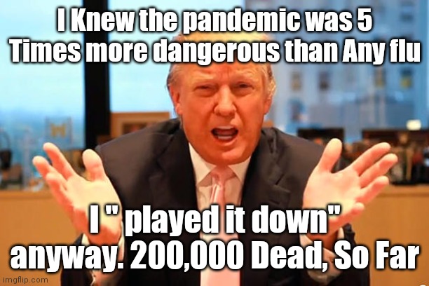 trump birthday meme | I Knew the pandemic was 5 Times more dangerous than Any flu; I " played it down" anyway. 200,000 Dead, So Far | image tagged in trump birthday meme | made w/ Imgflip meme maker