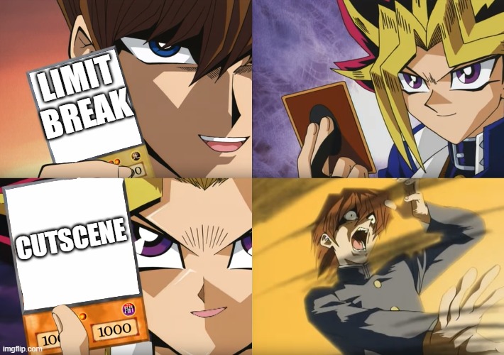 When a cutscene plays in the middle of a boss battle. | LIMIT BREAK; CUTSCENE | image tagged in final fantasy 7,yugioh card draw,video games | made w/ Imgflip meme maker