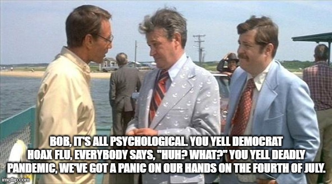 BOB, IT'S ALL PSYCHOLOGICAL. YOU YELL DEMOCRAT HOAX FLU, EVERYBODY SAYS, "HUH? WHAT?" YOU YELL DEADLY PANDEMIC, WE'VE GOT A PANIC ON OUR HANDS ON THE FOURTH OF JULY. | image tagged in pandemic | made w/ Imgflip meme maker