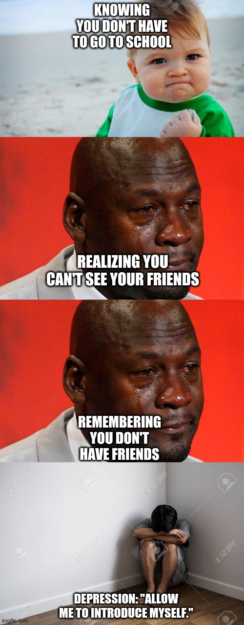 Quarantine | KNOWING YOU DON'T HAVE TO GO TO SCHOOL; REALIZING YOU CAN'T SEE YOUR FRIENDS; REMEMBERING YOU DON'T HAVE FRIENDS; DEPRESSION: "ALLOW ME TO INTRODUCE MYSELF." | image tagged in memes | made w/ Imgflip meme maker