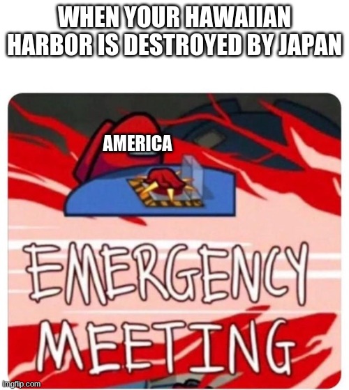 Emergency Meeting Among Us | WHEN YOUR HAWAIIAN HARBOR IS DESTROYED BY JAPAN; AMERICA | image tagged in emergency meeting among us | made w/ Imgflip meme maker