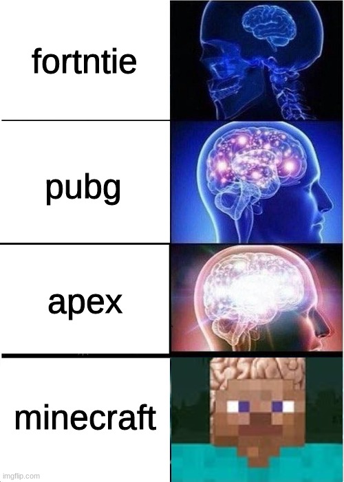 the ranking of all games | fortntie; pubg; apex; minecraft | image tagged in memes,expanding brain,minecraft,fortnite,apex,pubg | made w/ Imgflip meme maker