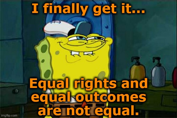 I finally get it... | I finally get it... Equal rights and
equal outcomes
are not equal. | image tagged in memes,don't you squidward,equal rights,equal outcomes,not equal,equality | made w/ Imgflip meme maker