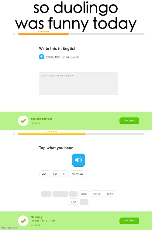 If the quality is terrible, the first answer was "universities are not young men", and "the book is not a student" lol | so duolingo was funny today | image tagged in memes,funny,duolingo,language,latin | made w/ Imgflip meme maker
