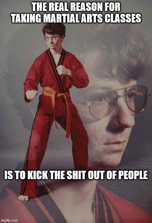 Karate Kyle |  THE REAL REASON FOR TAKING MARTIAL ARTS CLASSES; IS TO KICK THE SHIT OUT OF PEOPLE | image tagged in memes,karate kyle | made w/ Imgflip meme maker