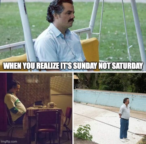 Sad Pablo Escobar Meme | WHEN YOU REALIZE IT'S SUNDAY NOT SATURDAY | image tagged in memes,sad pablo escobar | made w/ Imgflip meme maker