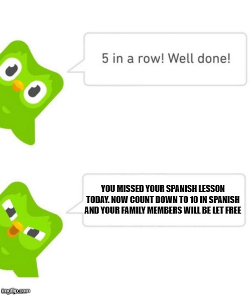 Duolingo owl will get you | YOU MISSED YOUR SPANISH LESSON TODAY. NOW COUNT DOWN TO 10 IN SPANISH AND YOUR FAMILY MEMBERS WILL BE LET FREE | image tagged in duo gets mad | made w/ Imgflip meme maker