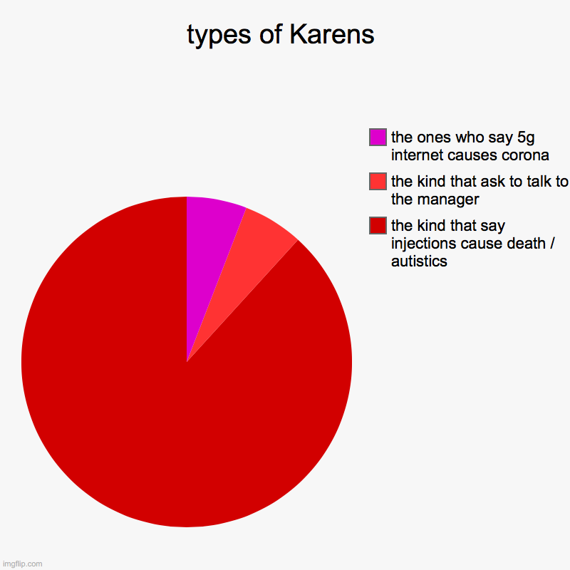 types of Karens | the kind that say injections cause death / autistics, the kind that ask to talk to the manager, the ones who say 5g intern | image tagged in charts,pie charts | made w/ Imgflip chart maker