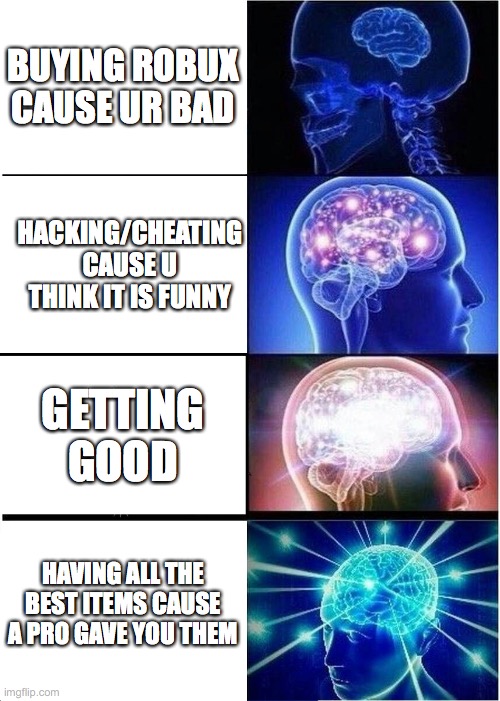 Expanding Brain | BUYING ROBUX CAUSE UR BAD; HACKING/CHEATING CAUSE U THINK IT IS FUNNY; GETTING GOOD; HAVING ALL THE BEST ITEMS CAUSE A PRO GAVE YOU THEM | image tagged in memes,expanding brain | made w/ Imgflip meme maker