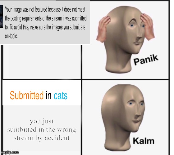 ok im kalm now | you just sumbitted in the wrong stream by accident | image tagged in panik kalm,memes,streams | made w/ Imgflip meme maker