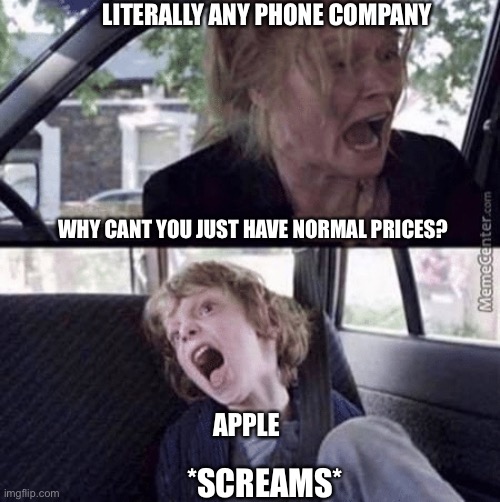Apple prices | LITERALLY ANY PHONE COMPANY; WHY CANT YOU JUST HAVE NORMAL PRICES? APPLE; *SCREAMS* | image tagged in why cant you just be normal blank,apple inc,apple prices,phones,prices,memes | made w/ Imgflip meme maker