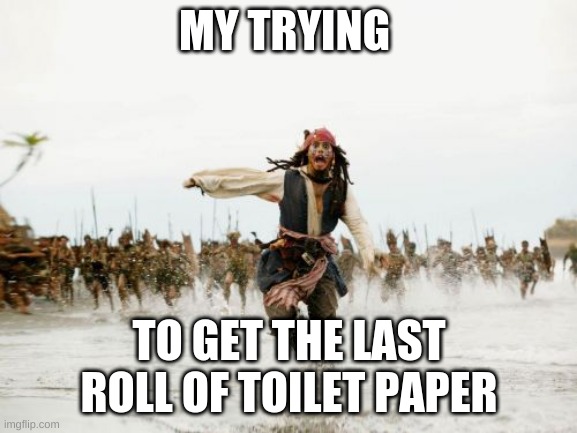Jack Sparrow Being Chased Meme | MY TRYING; TO GET THE LAST ROLL OF TOILET PAPER | image tagged in memes,jack sparrow being chased | made w/ Imgflip meme maker