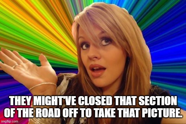 Dumb Blonde Meme | THEY MIGHT'VE CLOSED THAT SECTION OF THE ROAD OFF TO TAKE THAT PICTURE. | image tagged in memes,dumb blonde | made w/ Imgflip meme maker